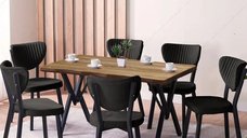 Set Masa Barton din MDF cu 6 Scaune  din metal, culaore nuc si negru, 140 cm