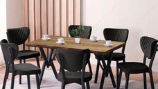 Set Masa Barton din MDF cu 6 Scaune  din metal, culaore nuc si negru, 140 cm
