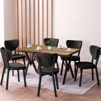 Set Masa Barton din MDF cu 6 Scaune  din metal, culaore nuc si negru, 140 cm - 1