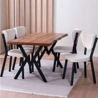 Set Masa de bucatarie Barton din MDF cu 4 Scaune din metal, nuc si bej, 140 cm - 1