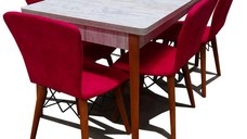 Set masa extensibila cu 4 scaune tapitate Homs cristal alb-rosu110 x 70 cm