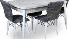 Set masa extensibila cu 4 scaune tapitate Homs cristal  bej-gri-picior-alb-170 x 80 cm