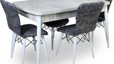 Set masa extensibila cu 4 scaune tapitate Homs cristal  bej-gri-picior-alb-170 x 80 cm
