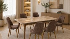 Set masa extensibila cu 6 scaune tapitate Homs cargold, marmura bej -maro 170 x 80 cm
