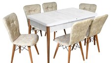 Set masa extensibila cu 6 scaune tapitate Homs cristal alb-bej 170 x 80 cm