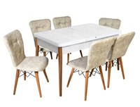 Set masa extensibila cu 6 scaune tapitate Homs cristal alb-bej 170 x 80 cm - 1