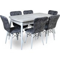 Set masa extensibila cu 6 scaune tapitate Homs cristal  bej-gri-picior-alb-170 x 80 cm - 1