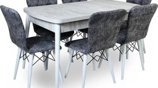 Set masa extensibila cu 6 scaune tapitate Homs cristal  bej-gri-picior-alb-170 x 80 cm
