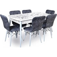 Set masa extensibila cu 6 scaune tapitate Homs cristal  bej-gri-picior-alb-170 x 80 cm - 1