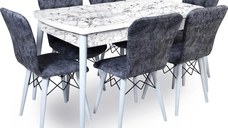 Set masa extensibila cu 6 scaune tapitate Homs cristal  bej-gri-picior-alb-170 x 80 cm