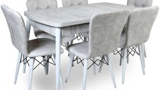 Set masa extensibila cu 6 scaune tapitate Homs cristal  bej-picior-alb-170 x 80 cm