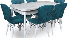 Set masa extensibila cu 6 scaune tapitate Homs cristal-blue-picior-alb-170 x 80 cm