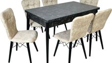 Set masa extensibila cu 6 scaune tapitate Homs cristal negru-bej 170 x 80 cm