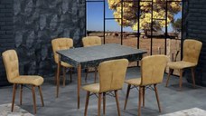 Set masa extensibila cu 6 scaune tapitate Homs cristal  negru-mustar 170 x 80 cm
