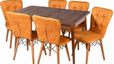 Set masa extensibila cu 6 scaune tapitate Homs cristal  nuc-mustar 170 x 80 cm