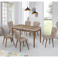 Set masa extensibila cu 6 scaune tapitate Homs marmura/bej 170 x 80 cm picioare lemn - 1