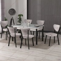 Set masa extensibila cu 6 scaune tapitate Rosia, sticla,170 cm - 1