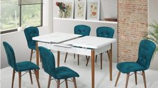 Set masa extensibila Homs cristal cu 6 scaune tapitate in bej si cobalt, 170 x 80 cm