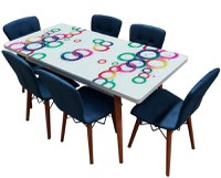 Set masa extensibila picioare lemn, blat sticla securizata +6 scaune tapitate Fusion Homs albastru 80x 170 cm - 1