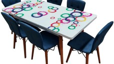 Set masa extensibila picioare lemn, blat sticla securizata +6 scaune tapitate Fusion Homs albastru 80x 170 cm