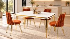 Set Masa Reina cu 4 Scaune pentru Bucatarie, Homs 80 x 140 cm, Alb si Auriu
