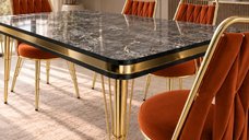 Set Masa si 4 Scaune Reina Homs, Negru cu Auriu, Dimensiuni 80 x 140 cm