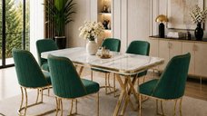 Set masa si 6 scaune culoare masa alb calcutta marmorat scaune tapitat verde