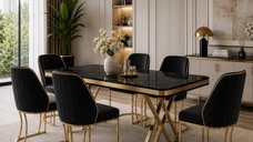 Set masa si 6 scaune culoare masa marmorat negru scaune tapitat negru