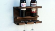 Suport din lemn pentru 2 sticle vin si 2 pahare Homs 32 x 20 x 15 cm, maro