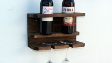 Suport din lemn pentru 2 sticle vin si 2 pahare Homs 32 x 20 x 15 cm, maro