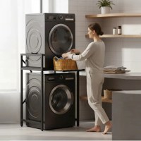 Suport raft pentru mașină de spălat și uscător cu sertar,negru - 1