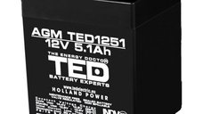 Acumulator TED Battery Expert Holland 12V 5.1A AGM VRLA, Dimensiuni 90x70x98mm, Terminal F2