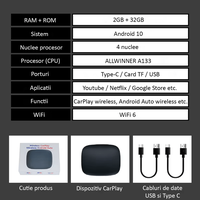 Adaptor Auto Wireless cu Netflix, YouTube, Google Store, Apple Carplay si Android Auto, Wi-Fi 6, 32GB, ANDROID 10, Negru - 7