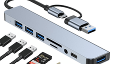 Adaptor Hub USB-C 3.1 Multiport 8-in-2 Staryon® - 3.5 mm Jack Audio, Card Reader, Gri