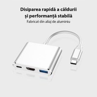 Adaptor multifunctional 3 in 1 USB-C la HDMI Techstar® DJ3IN1, HDMI 4K, 1 x USB 3.0, 1 x USB C, PD Port, Argintiu - 2