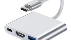 Adaptor multifunctional 3 in 1 USB-C la HDMI Techstar® DJ3IN1, HDMI 4K, 1 x USB 3.0, 1 x USB C, PD Port, Argintiu