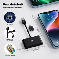 Adaptor Wireless Techstar® CTHT-020-2 Pentru Apple CarPlay Si iPhone iOS 10+, Dongle USB-Type C , WiFi 5G, Bluetooth - 5