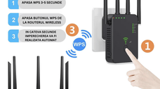 Amplificator Semnal WiFi N2L Store®, Range Extender 1200M, Dual Band 2.4G/5G, 3 Moduri (Repeater/Router/AP), 4 Antene