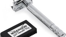 Aparat de ras Wilkinson Sword Clasic The Edger cu margine dubla, Inox, + 5 lame de rezerva, Gri