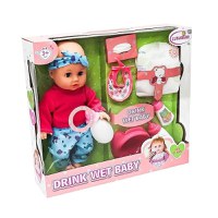 Bebelus de jucarie care bea si uda scutecul, Drink Wet Baby, cu hainute si accesorii, pentru copii de 3+ ani, - 1