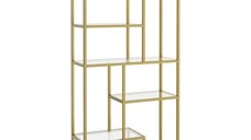 Biblioteca inalta VASAGLE LGT502A01 cu 6 polite din sticla securizata si cadru metalic auriu, 80x30x180 cm
