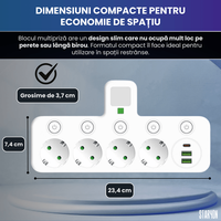 Bloc Multipriza / Priza Multipla 2500W, 4 Prize Schuko + 2 USB-A + 1 USB-C, Alb - 6