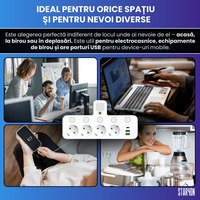 Bloc Multipriza / Priza Multipla 2500W, 4 Prize Schuko + 2 USB-A + 1 USB-C, Alb - 7