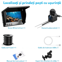 Camera Subacvatica pentru Pescuit 1080P cu Ecran IPS 4.3”, Dasbo®, Unghi 220°, Viziune Nocturna IR, Baterie 5000 mAh - 1