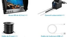 Camera Subacvatica pentru Pescuit 1080P cu Ecran IPS 4.3”, Dasbo®, Unghi 220°, Viziune Nocturna IR, Baterie 5000 mAh