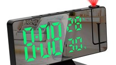 Ceas de masa, DS-3718LW, afisaj si proiectie rosie, efect oglinda, alarma, temperatura, umiditate, Negru/Verde