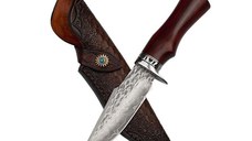 Cutit de vanatoare, IdeallStore®, Fixed Blade, Husa Piele, Otel Damasc