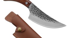 Cutit japonez lucrat manual, otel carbon, 24.5 cm, maro, teaca piele inclusa