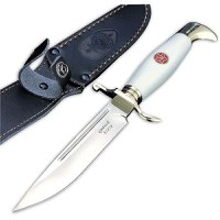 Cutit tactic de vanatoare, teaca din piele naturala, lama 440C, maner acrilic full tang, 26 cm, alb - 3