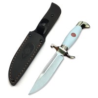 Cutit tactic de vanatoare, teaca din piele naturala, lama 440C, maner acrilic full tang, 26 cm, alb - 6